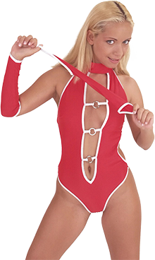 Blondine mit rotem Outfitt